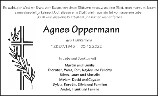 Traueranzeige von Agnes Oppermann von Hildesheimer Allgemeine Zeitung