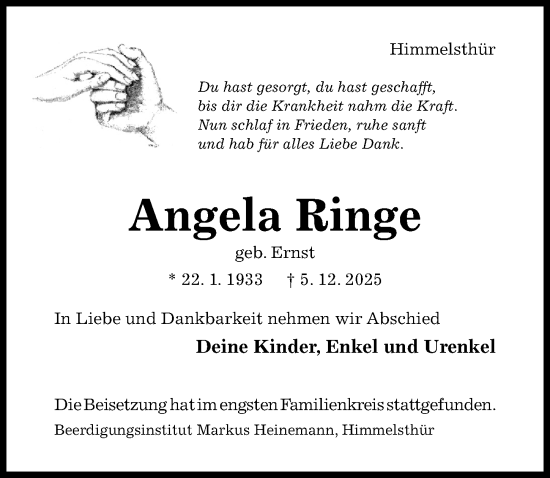 Traueranzeige von Angela Ringe von Hildesheimer Allgemeine Zeitung