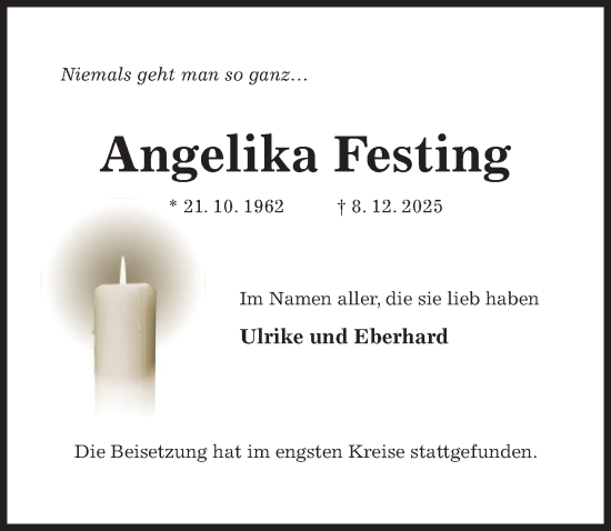 Traueranzeige von Angelika Festing von Hildesheimer Allgemeine Zeitung