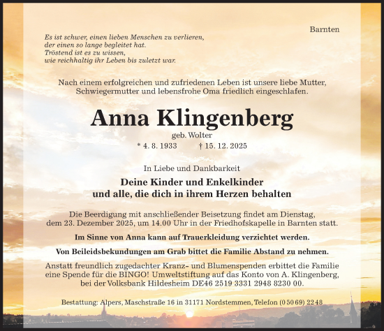 Traueranzeige von Anna Klingenberg von Hildesheimer Allgemeine Zeitung
