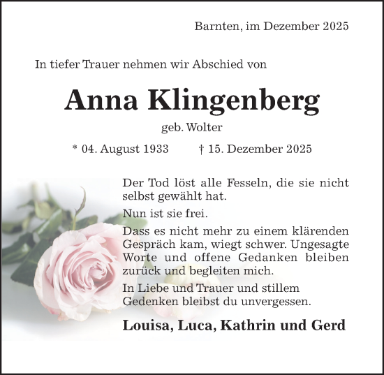 Traueranzeige von Anna Klingenberg von Hildesheimer Allgemeine Zeitung