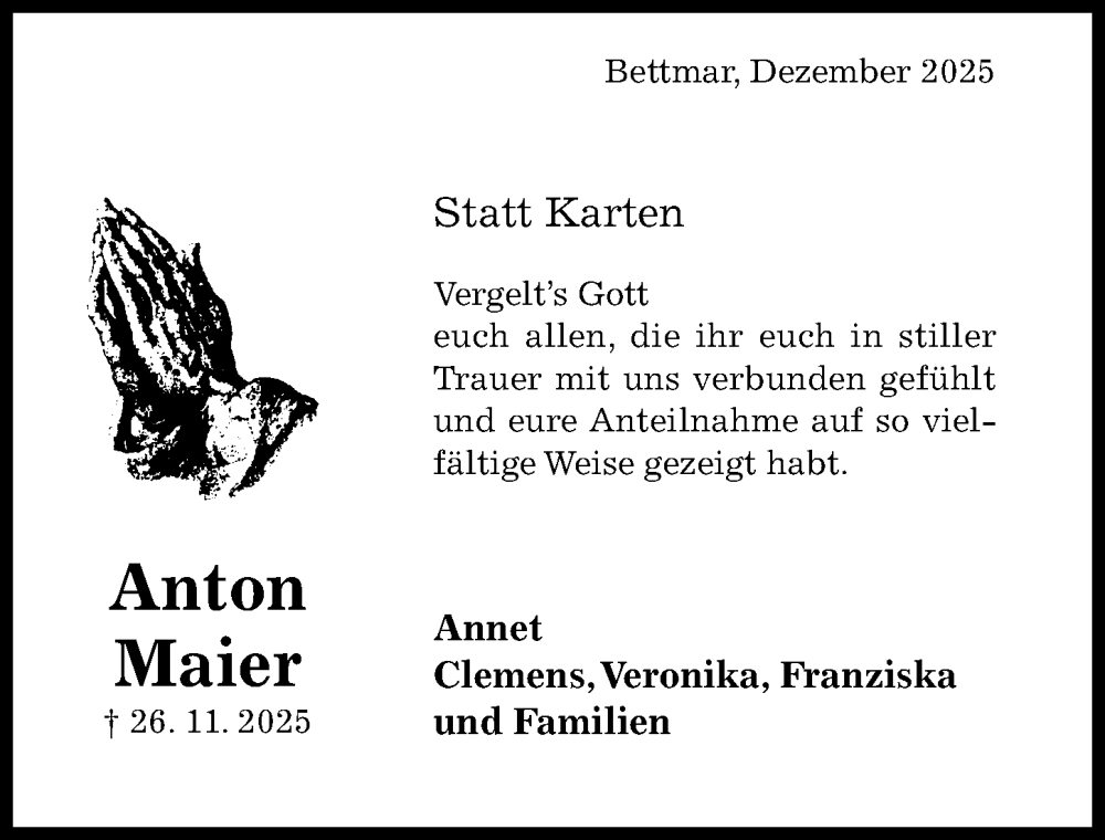  Traueranzeige für Anton Maier vom 17.12.2025 aus Hildesheimer Allgemeine Zeitung