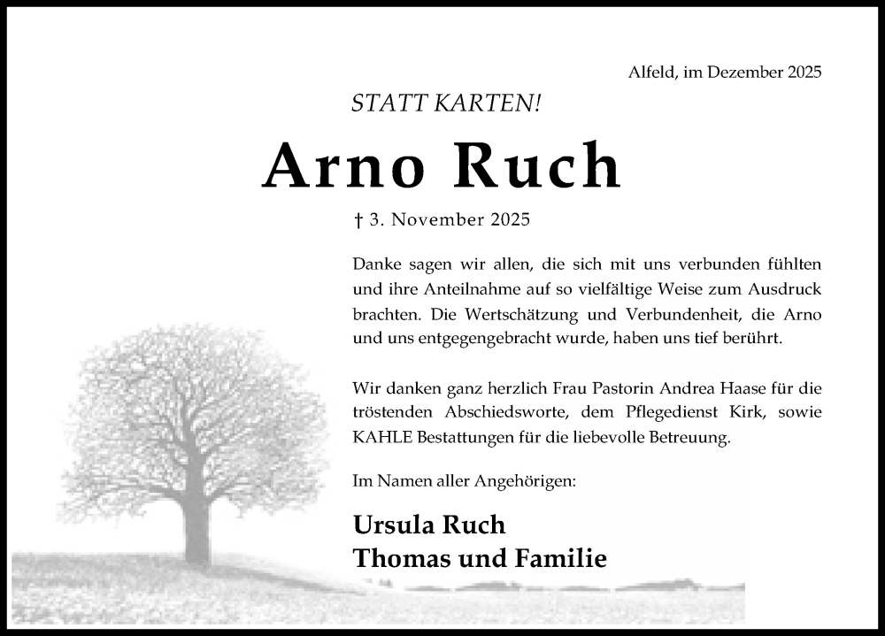  Traueranzeige für Arno Ruch vom 06.12.2025 aus Hildesheimer Allgemeine Zeitung