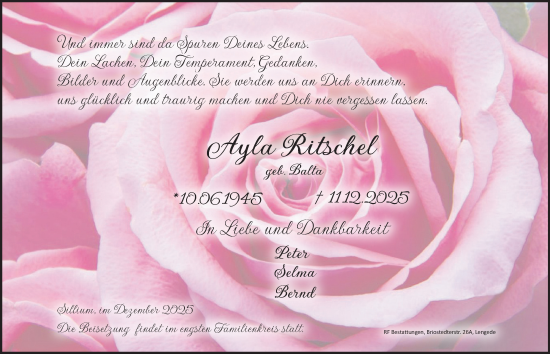 Traueranzeige von Ayla Ritschel von Hildesheimer Allgemeine Zeitung