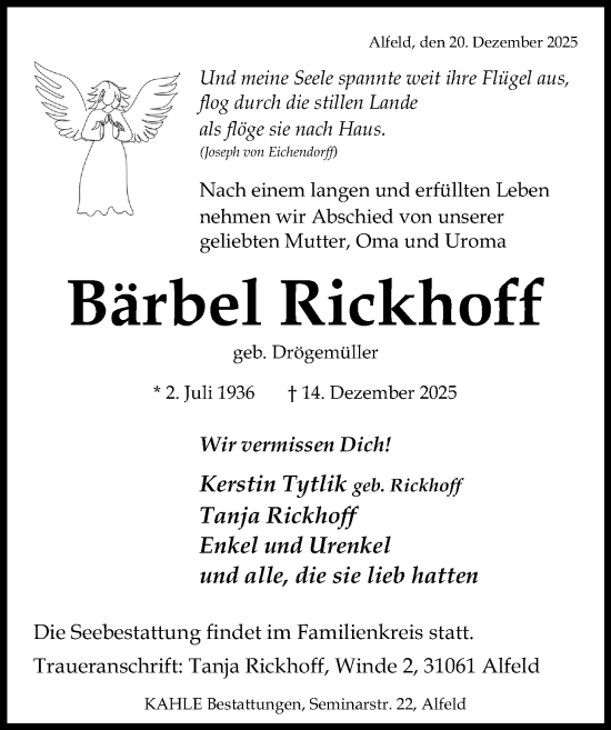 Traueranzeige von Bärbel Rickhoff von Hildesheimer Allgemeine Zeitung