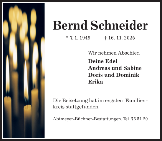 Traueranzeige von Bernd Schneider von Hildesheimer Allgemeine Zeitung