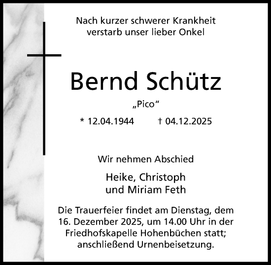 Traueranzeige von Bernd Schütz von Hildesheimer Allgemeine Zeitung