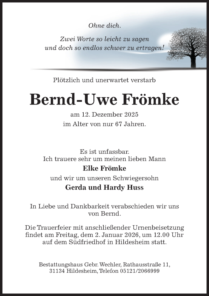  Traueranzeige für Bernd-Uwe Frömke vom 24.12.2025 aus Hildesheimer Allgemeine Zeitung