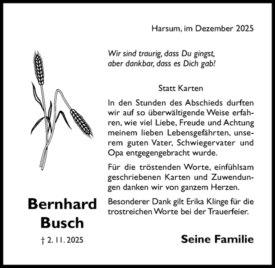 Traueranzeige von Bernhard Busch von Hildesheimer Allgemeine Zeitung