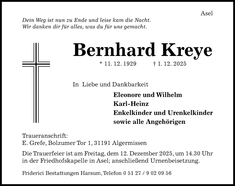  Traueranzeige für Bernhard Kreye vom 08.12.2025 aus Hildesheimer Allgemeine Zeitung