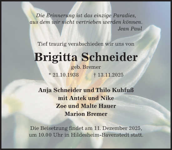 Traueranzeige von Brigitta Schneider von Hildesheimer Allgemeine Zeitung