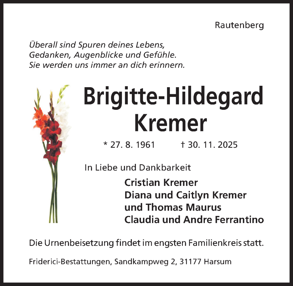 Traueranzeige für Brigitte-Hildegard Kremer vom 03.12.2025 aus Hildesheimer Allgemeine Zeitung
