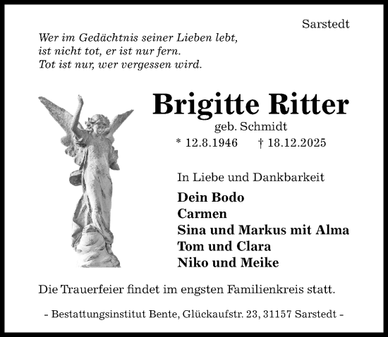 Traueranzeige von Brigitte Ritter von Hildesheimer Allgemeine Zeitung