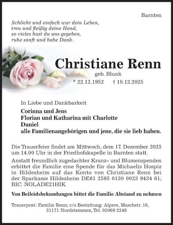 Traueranzeige von Christiane Renn von Hildesheimer Allgemeine Zeitung