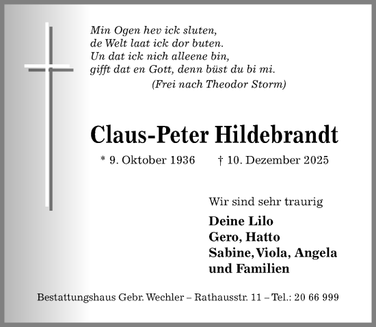 Traueranzeige von Claus-Peter Hildebrandt von Hildesheimer Allgemeine Zeitung