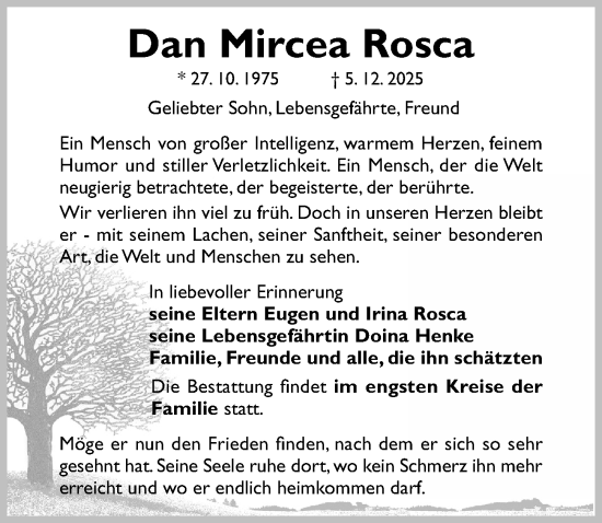 Traueranzeige von Dan Mircea Rosca von Hildesheimer Allgemeine Zeitung