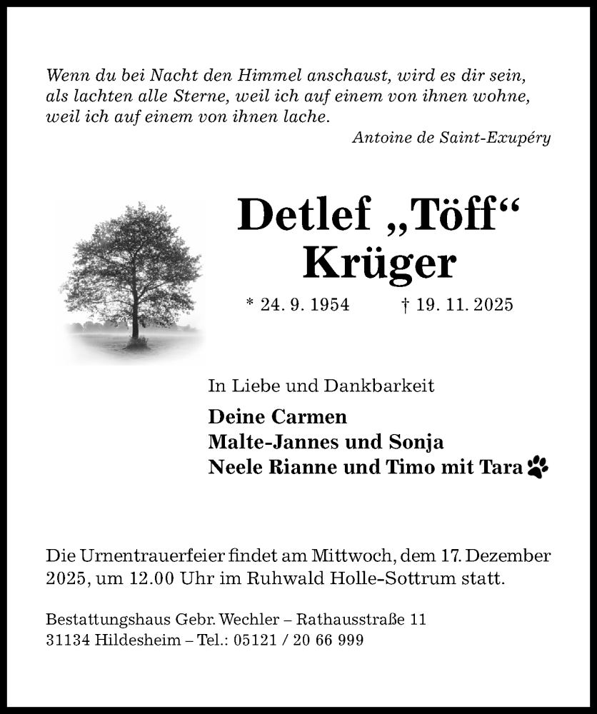  Traueranzeige für Detlef Krüger vom 10.12.2025 aus Hildesheimer Allgemeine Zeitung