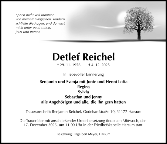 Traueranzeige von Detlef Reichel von Hildesheimer Allgemeine Zeitung
