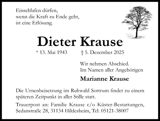 Traueranzeige von Dieter Krause von Hildesheimer Allgemeine Zeitung