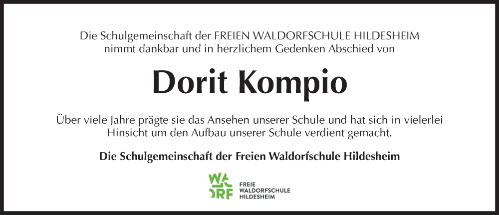  Traueranzeige für Dorit Kompio vom 20.12.2025 aus Hildesheimer Allgemeine Zeitung