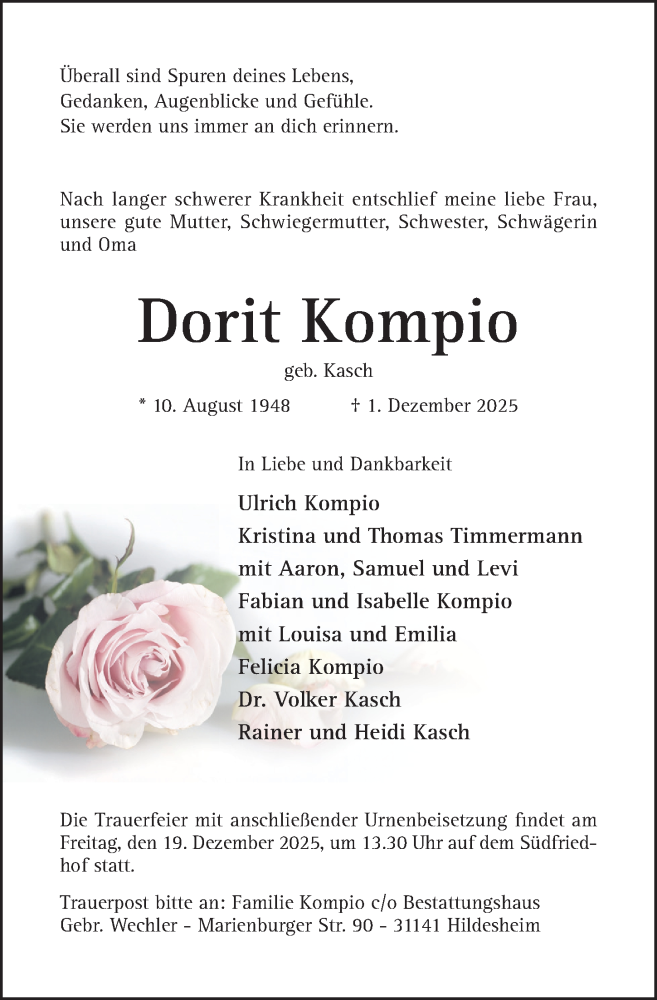  Traueranzeige für Dorit Kompio vom 10.12.2025 aus Hildesheimer Allgemeine Zeitung