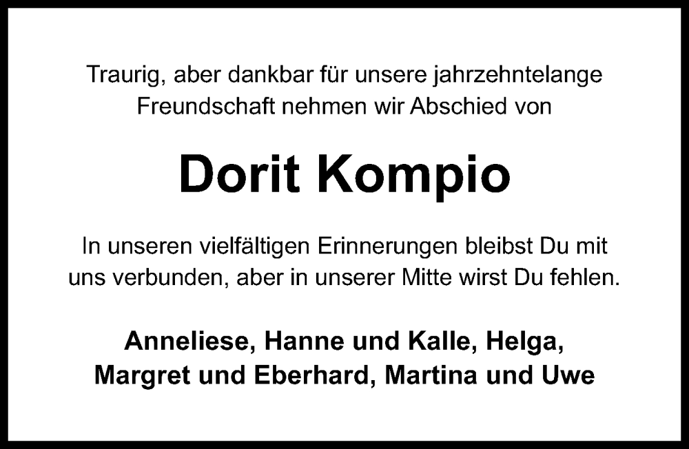  Traueranzeige für Dorit Kompio vom 10.12.2025 aus Hildesheimer Allgemeine Zeitung