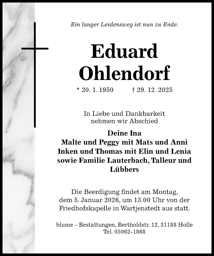  Traueranzeige für Eduard Ohlendorf vom 31.12.2025 aus Hildesheimer Allgemeine Zeitung