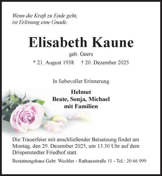Traueranzeige von Elisabeth Kaune von Hildesheimer Allgemeine Zeitung