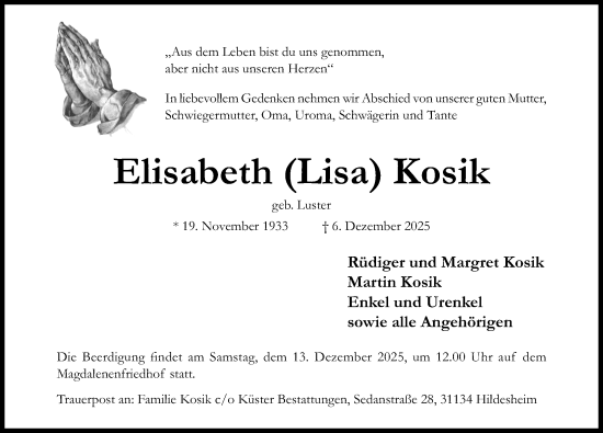 Traueranzeige von Elisabeth Kosik von Hildesheimer Allgemeine Zeitung
