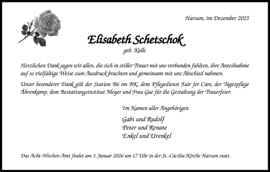Traueranzeige von Elisabeth Schetschok von Hildesheimer Allgemeine Zeitung