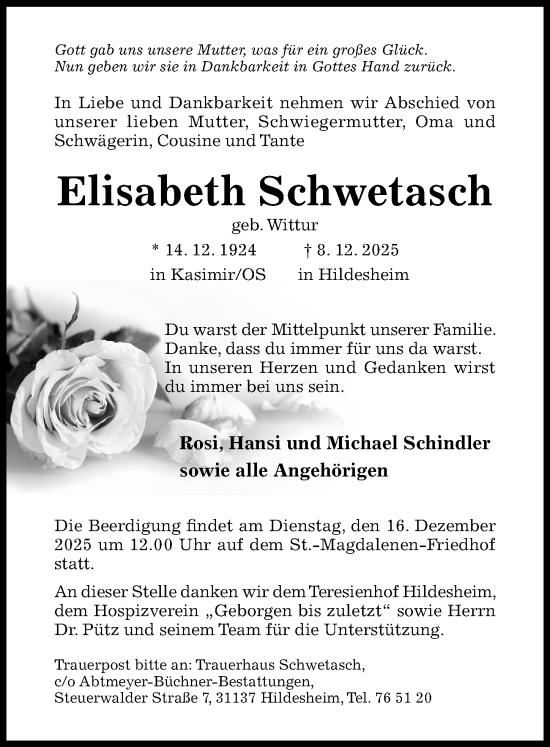 Traueranzeige von Elisabeth Schwetasch von Hildesheimer Allgemeine Zeitung