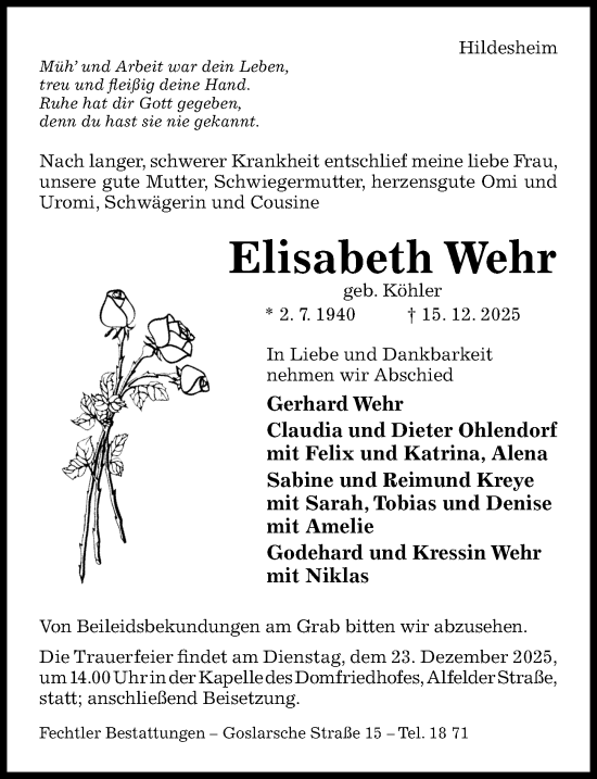 Traueranzeige von Elisabeth Wehr von Hildesheimer Allgemeine Zeitung