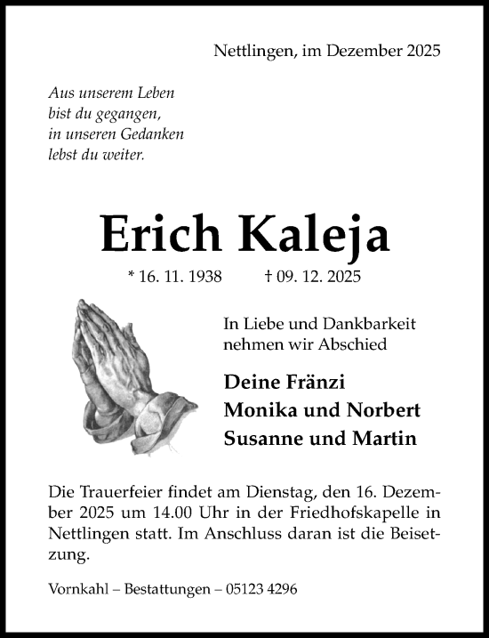 Traueranzeige von Erich Kaleja von Hildesheimer Allgemeine Zeitung