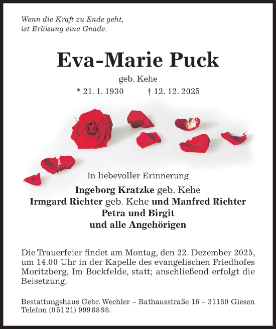 Traueranzeige von Eva-Marie Puck von Hildesheimer Allgemeine Zeitung