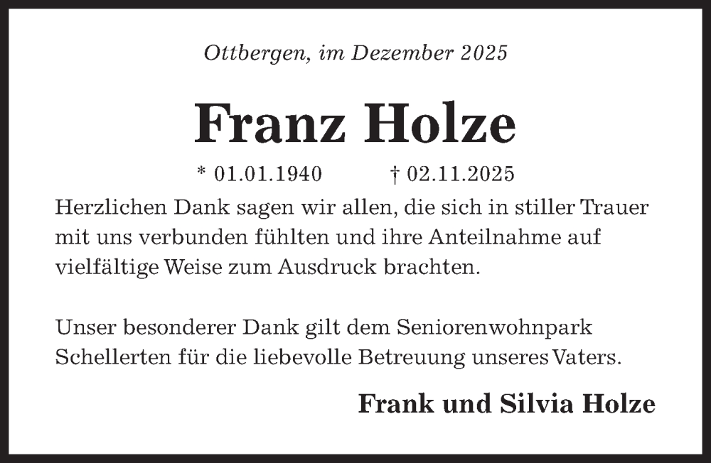  Traueranzeige für Franz Holze vom 20.12.2025 aus Hildesheimer Allgemeine Zeitung