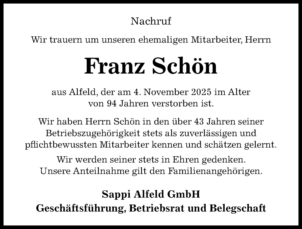  Traueranzeige für Franz Schön vom 02.12.2025 aus Hildesheimer Allgemeine Zeitung