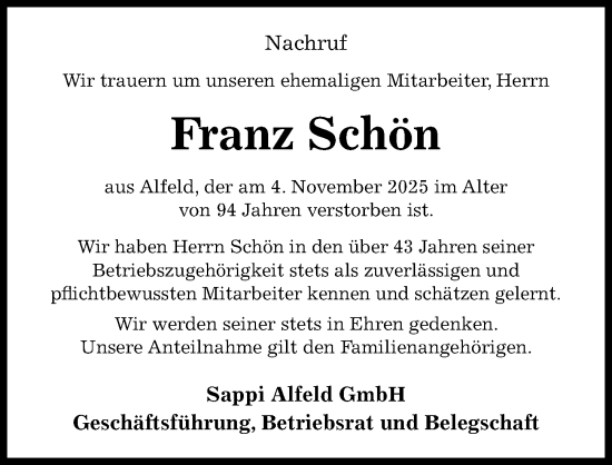 Traueranzeige von Franz Schön von Hildesheimer Allgemeine Zeitung