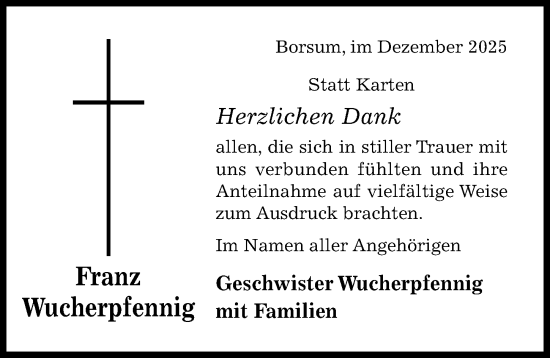 Traueranzeige von Franz Wucherpfennig von Hildesheimer Allgemeine Zeitung