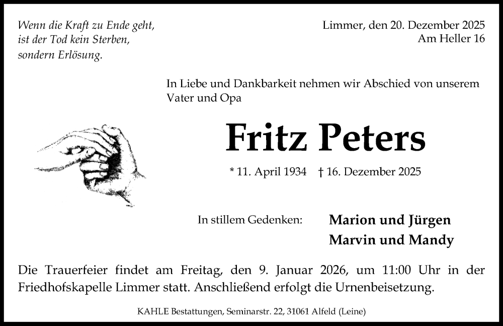  Traueranzeige für Fritz Peters vom 20.12.2025 aus Hildesheimer Allgemeine Zeitung
