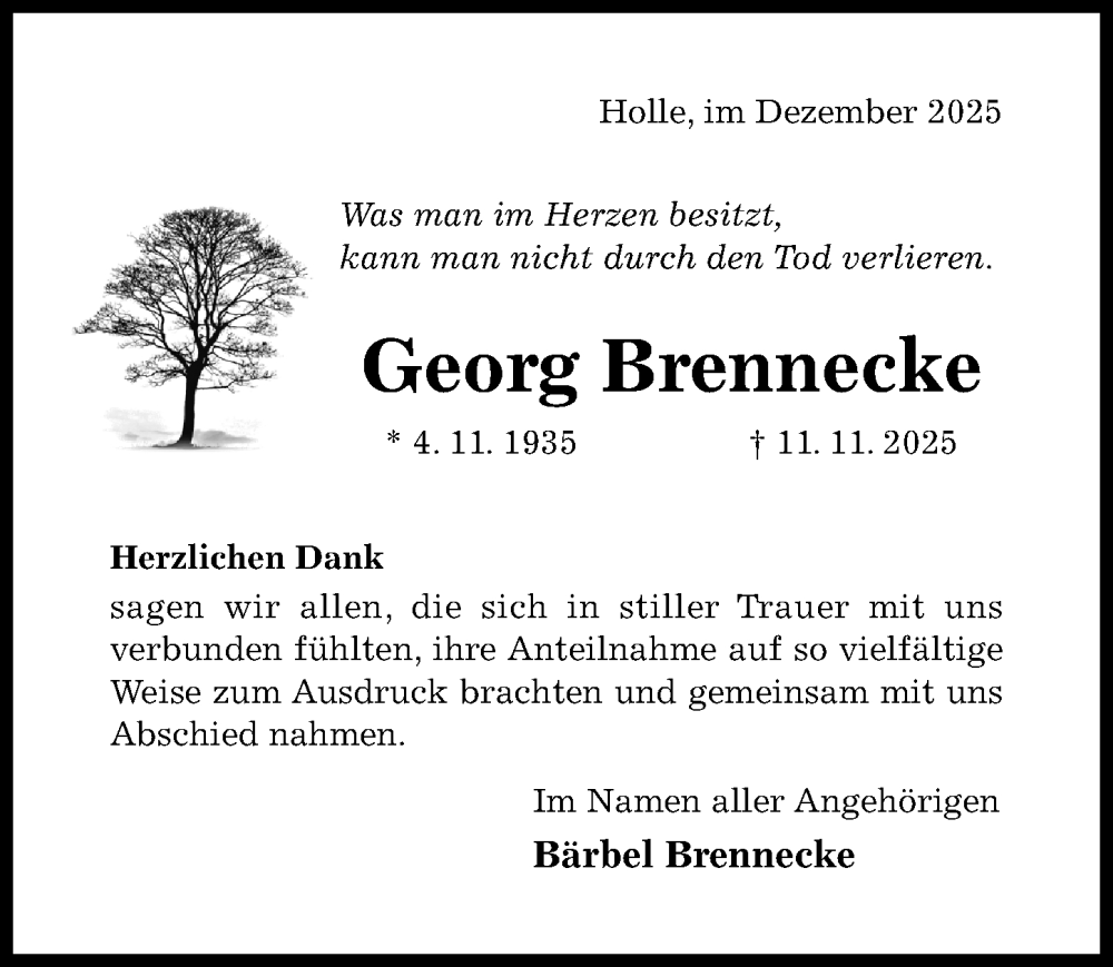  Traueranzeige für Georg Brennecke vom 03.12.2025 aus Hildesheimer Allgemeine Zeitung