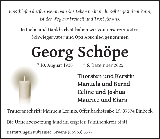 Traueranzeige von Georg Schöpe von Hildesheimer Allgemeine Zeitung