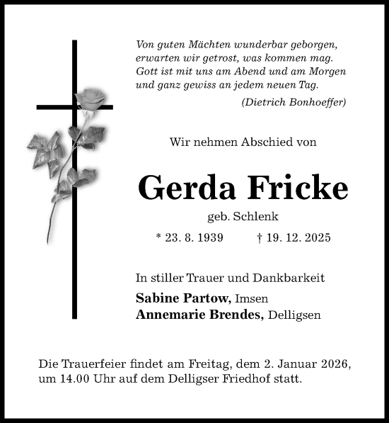 Traueranzeige von Gerda Fricke von Hildesheimer Allgemeine Zeitung
