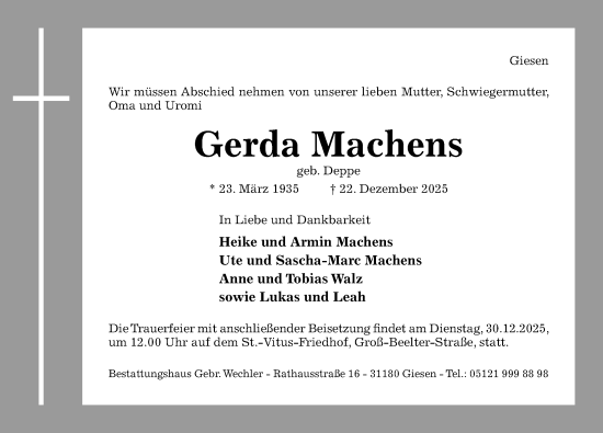Traueranzeige von Gerda Machens von Hildesheimer Allgemeine Zeitung