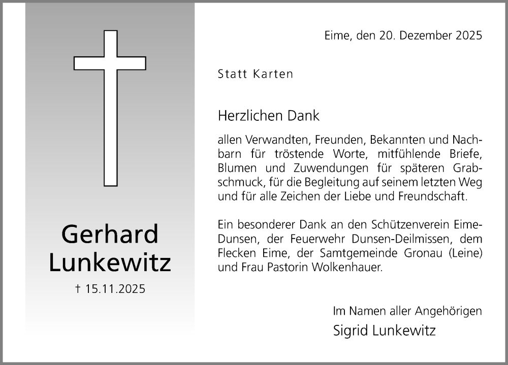  Traueranzeige für Gerhard Lunkewitz vom 20.12.2025 aus Hildesheimer Allgemeine Zeitung