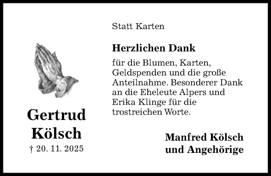 Traueranzeige von Gertrud Kölsch von Hildesheimer Allgemeine Zeitung