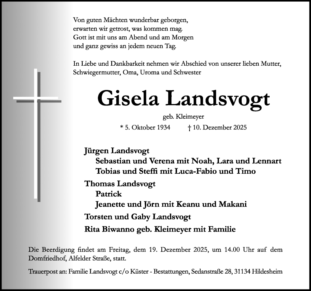  Traueranzeige für Gisela Landsvogt vom 13.12.2025 aus Hildesheimer Allgemeine Zeitung