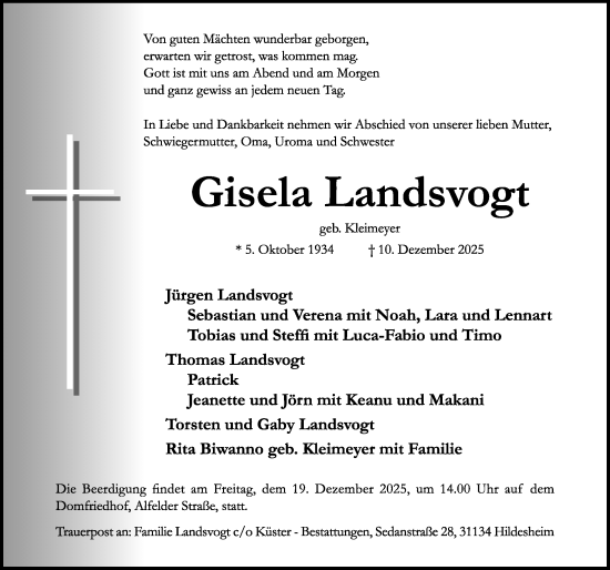 Traueranzeige von Gisela Landsvogt von Hildesheimer Allgemeine Zeitung