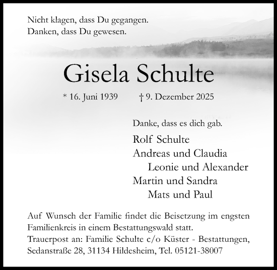 Traueranzeige von Gisela Schulte von Hildesheimer Allgemeine Zeitung