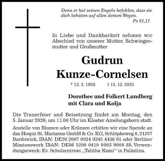 Traueranzeige von Gudrun Kunze-Cornelsen von Hildesheimer Allgemeine Zeitung