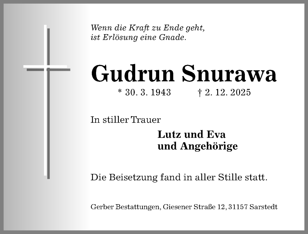  Traueranzeige für Gudrun Snurawa vom 10.12.2025 aus Hildesheimer Allgemeine Zeitung
